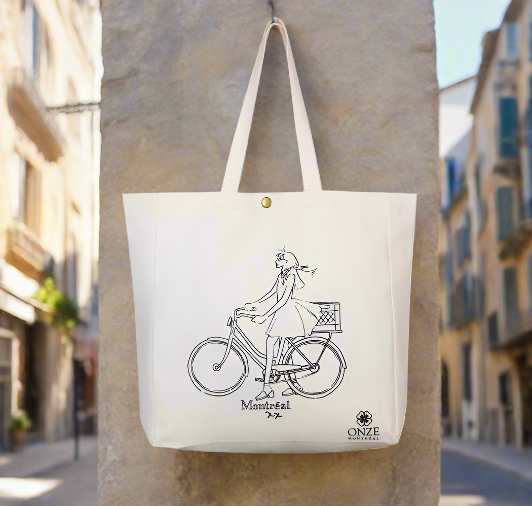 Montreal Design: GIRL ON BICYCLE ILLUSTRATION CANVAS TOTE BAG