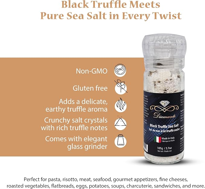 Diamante Italy Black Truffle Sea Salt with Glass Grinder - 105g