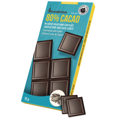 ✅ Cocoalicious 80% Cacao no sugar added dark chocolate bar