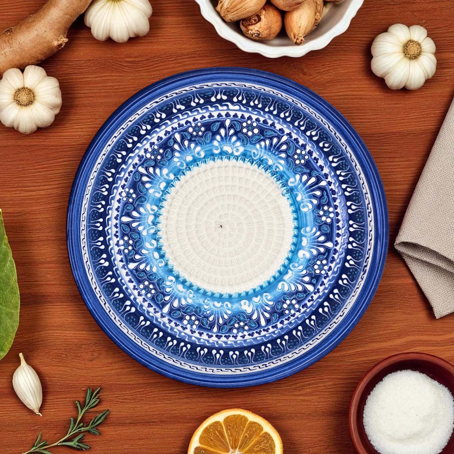 EVANLIFE Garlic Grater Bowl, Festive Mandala Design Grater Plate, 7" Ceramic Garlic Grinder Bowl: With Brush