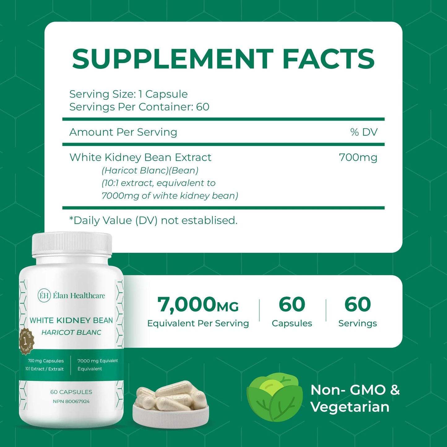 Elan Healthcare White Kidney Bean Extract - 60 Capsules (7000mg Equivalent)