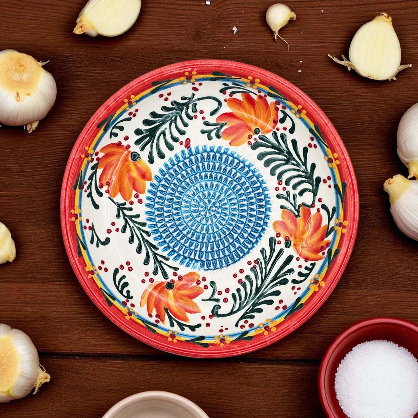 EVANLIFE Garlic Grater Bowl, Coral Garden Design Grater Plate, 7" Ceramic Garlic Grinder Bowl: With Brush
