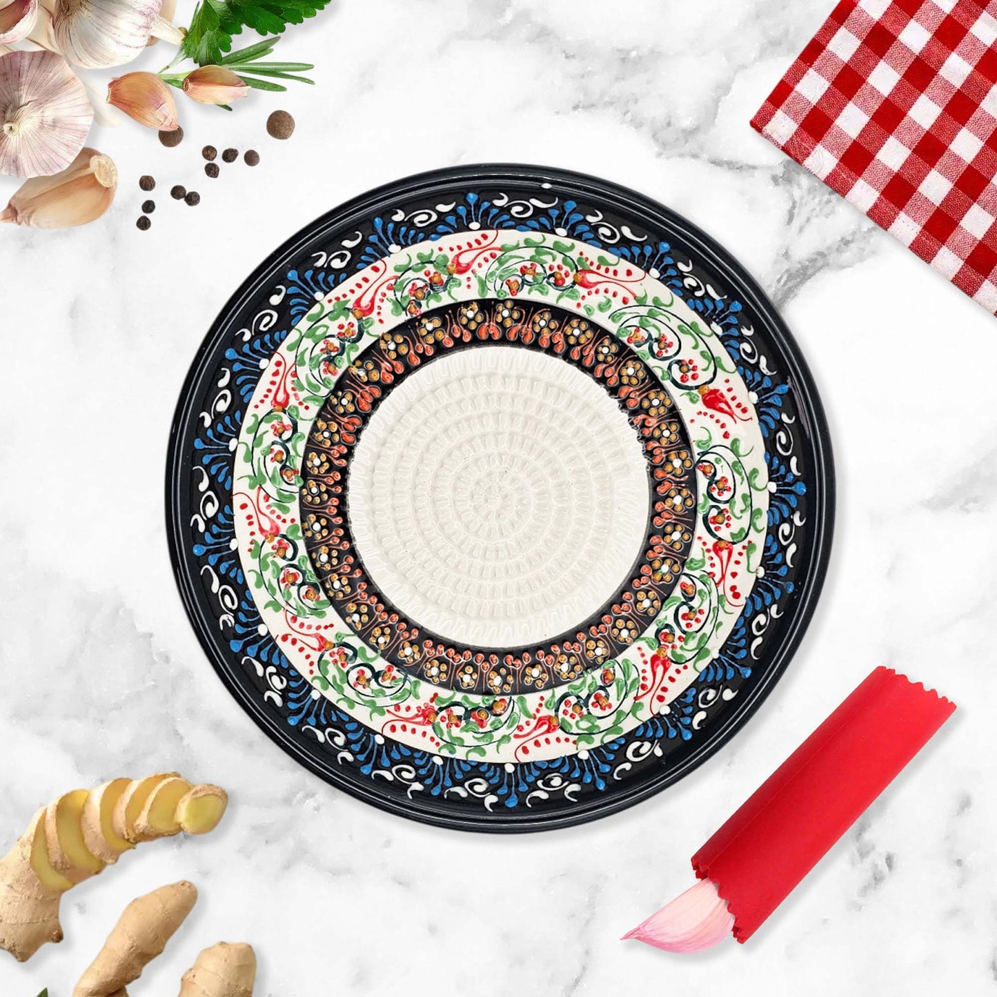 EVANLIFE Garlic Grater Bowl, Whirlpool Bloom Design Grater Plate, 7" Ceramic Garlic Grinder Bowl: With Brush
