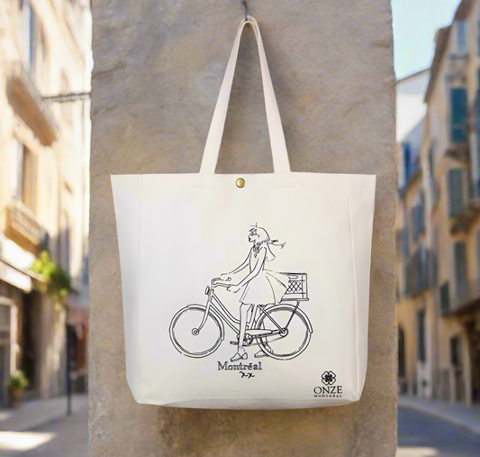 Montreal Design: GIRL ON BICYCLE ILLUSTRATION CANVAS TOTE BAG