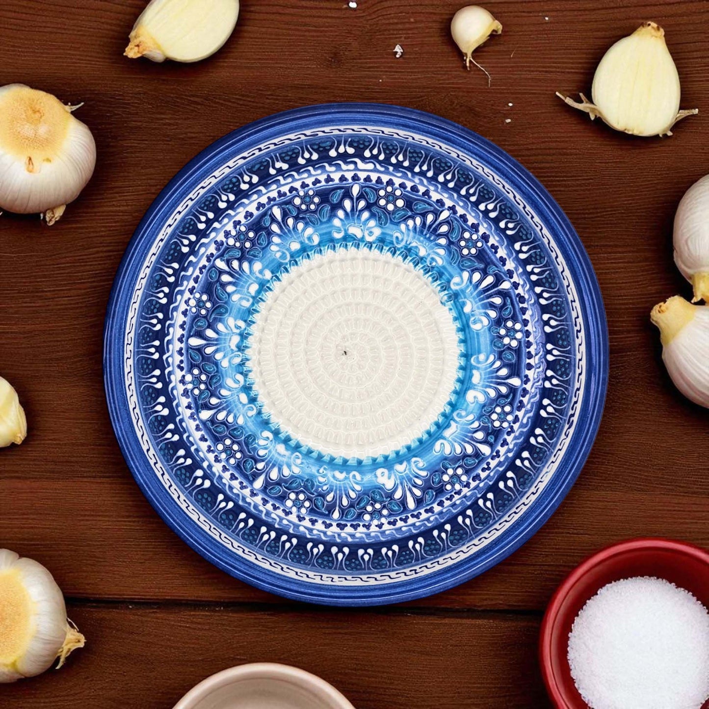 EVANLIFE Garlic Grater Bowl, Festive Mandala Design Grater Plate, 7" Ceramic Garlic Grinder Bowl: With Brush