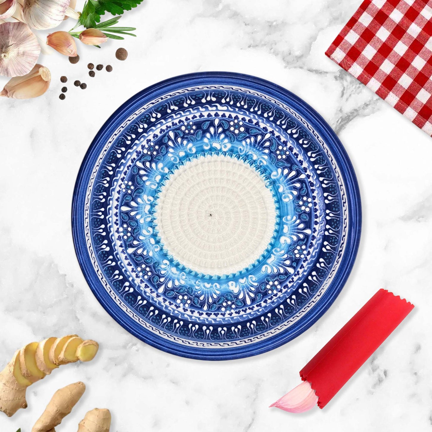 EVANLIFE Garlic Grater Bowl, Festive Mandala Design Grater Plate, 7" Ceramic Garlic Grinder Bowl: With Brush