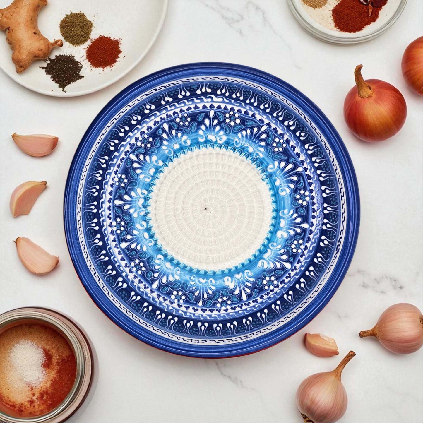 EVANLIFE Garlic Grater Bowl, Festive Mandala Design Grater Plate, 7" Ceramic Garlic Grinder Bowl: With Brush