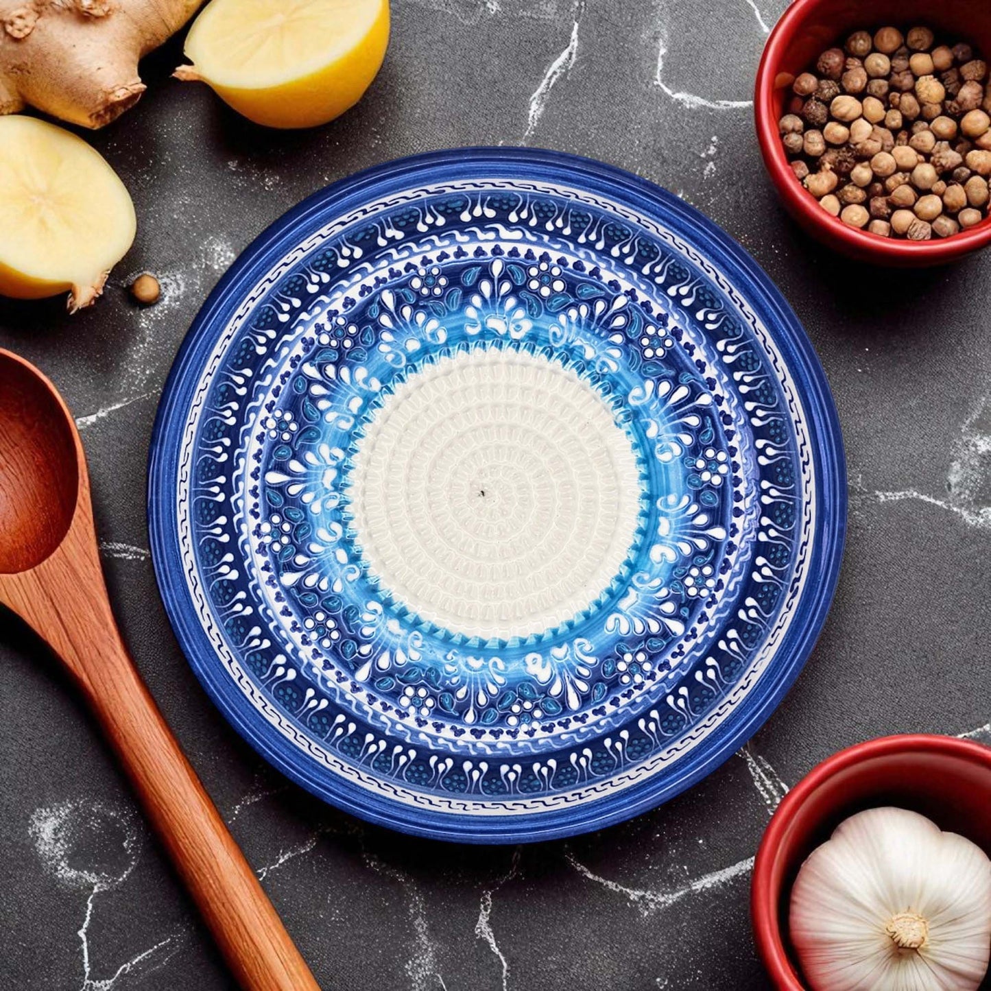 EVANLIFE Garlic Grater Bowl, Festive Mandala Design Grater Plate, 7" Ceramic Garlic Grinder Bowl: With Brush