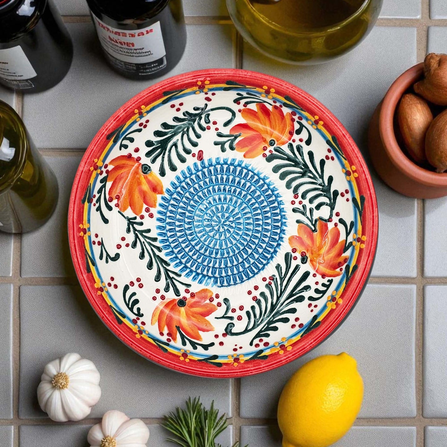 EVANLIFE Garlic Grater Bowl, Coral Garden Design Grater Plate, 7" Ceramic Garlic Grinder Bowl: With Brush