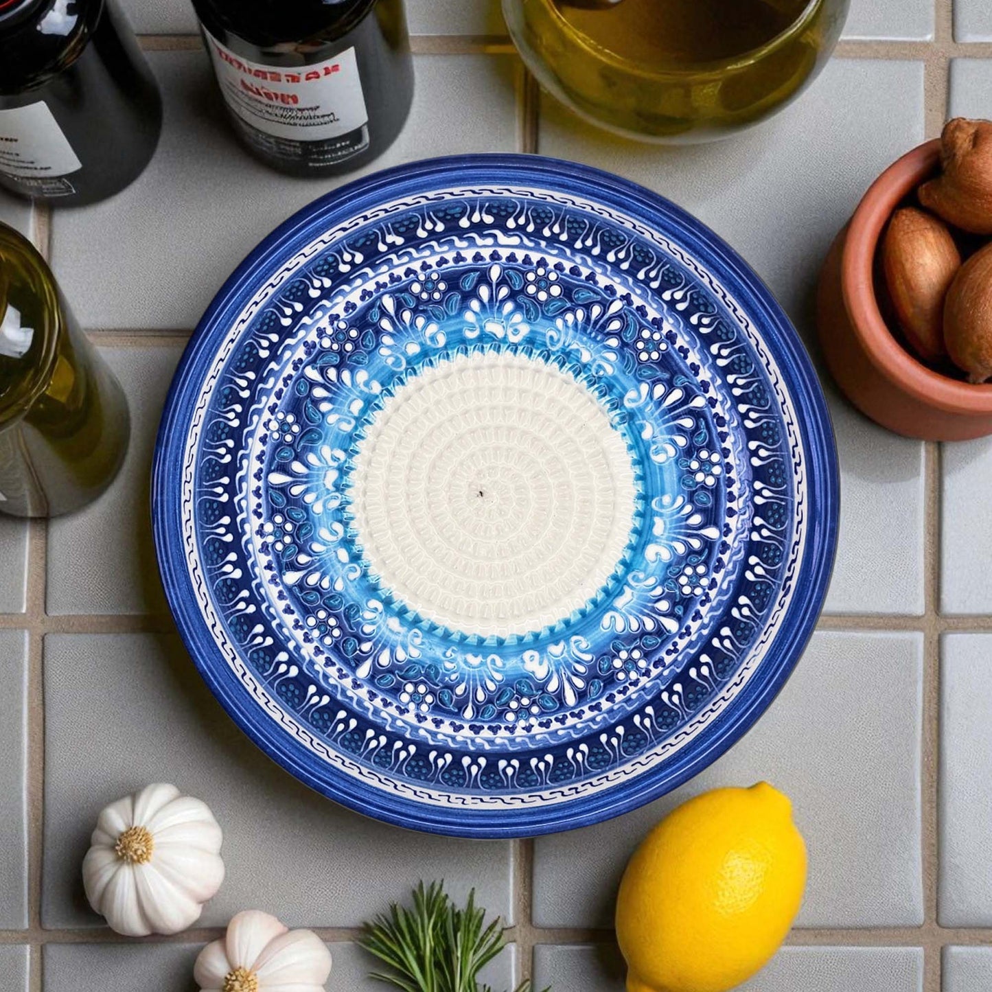 EVANLIFE Garlic Grater Bowl, Festive Mandala Design Grater Plate, 7" Ceramic Garlic Grinder Bowl: With Brush