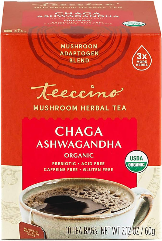 Teeccino Mushroom Herbal Tea Chaga Ashwagandha 10 Tea Bags