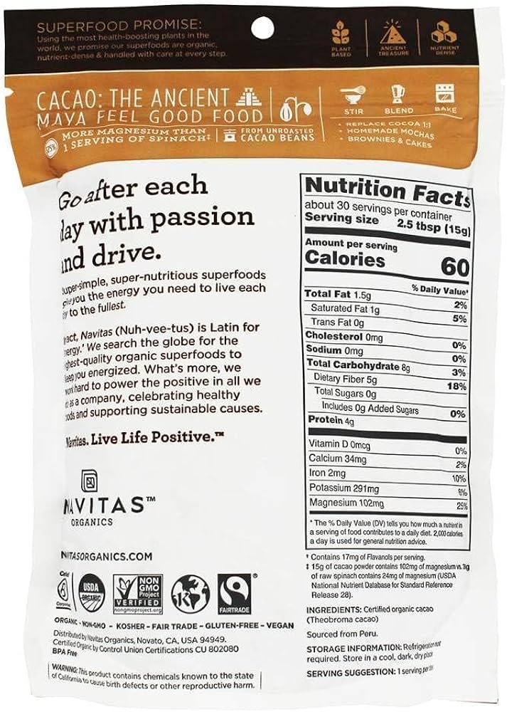 Navitas Naturals Organic Cacao Powder, 16-Ounce Pouches 454G