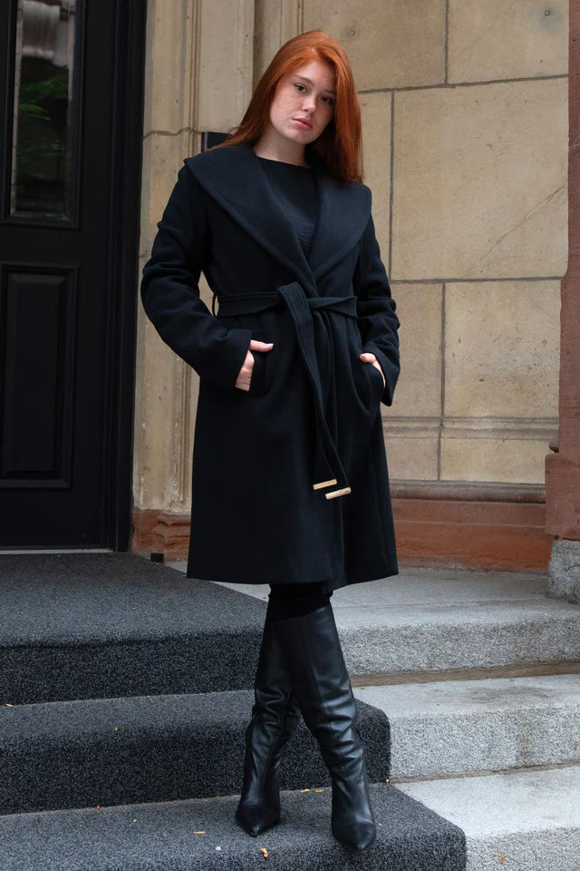 Montreal Design: HAZEL COAT ROUND COLLAR BELTED POCKETS (Black Size S)