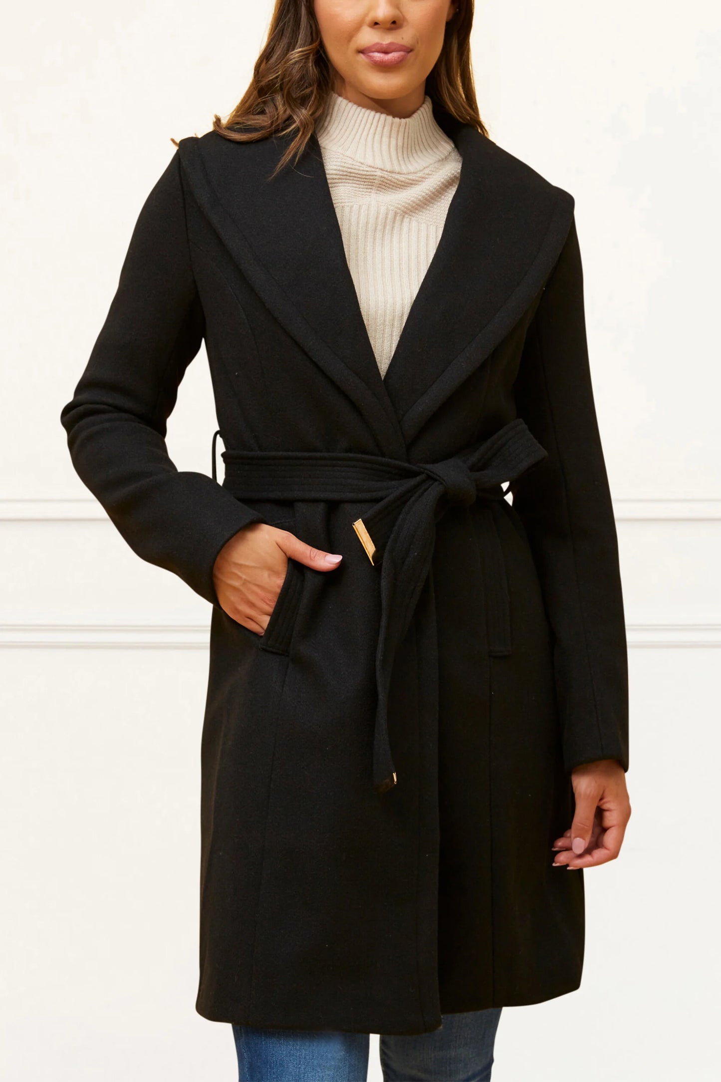 Montreal Design: HAZEL COAT ROUND COLLAR BELTED POCKETS (Black Size S)