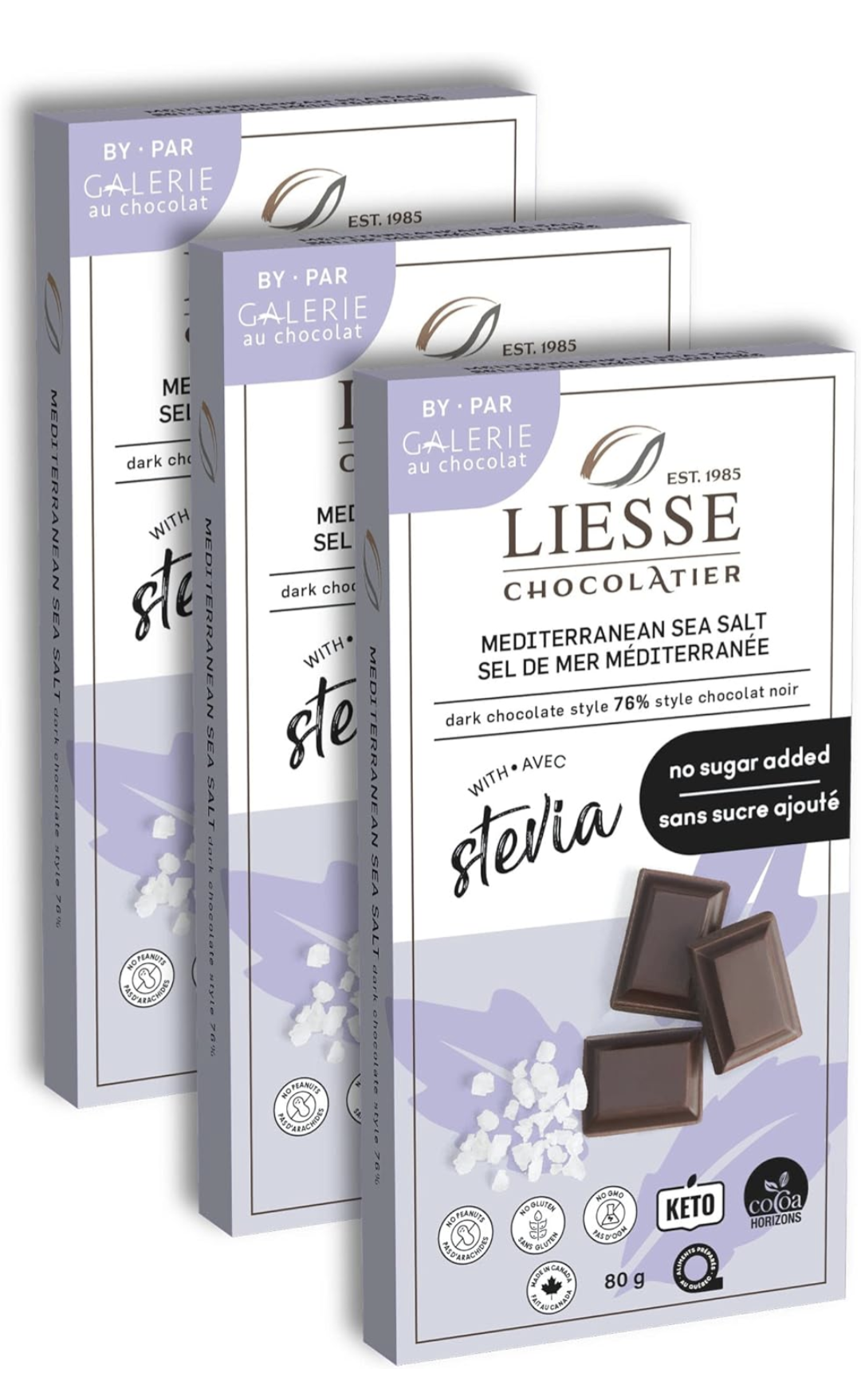 Liesse Chocolate Dark Chocolate Mediterranean Sea Salt No Sugar Chocolate Bar - 80g