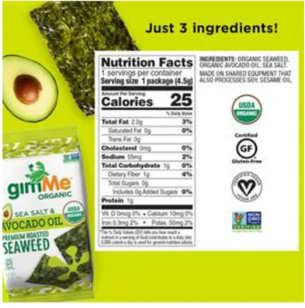 Gimme Seaweed Snacks Sea Salt Avocado Oil 6x5g