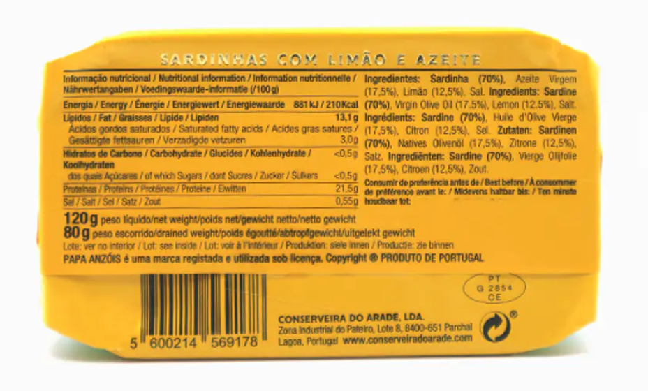 Papa Anzóis Sardines With Lemon in Olive oil 120g