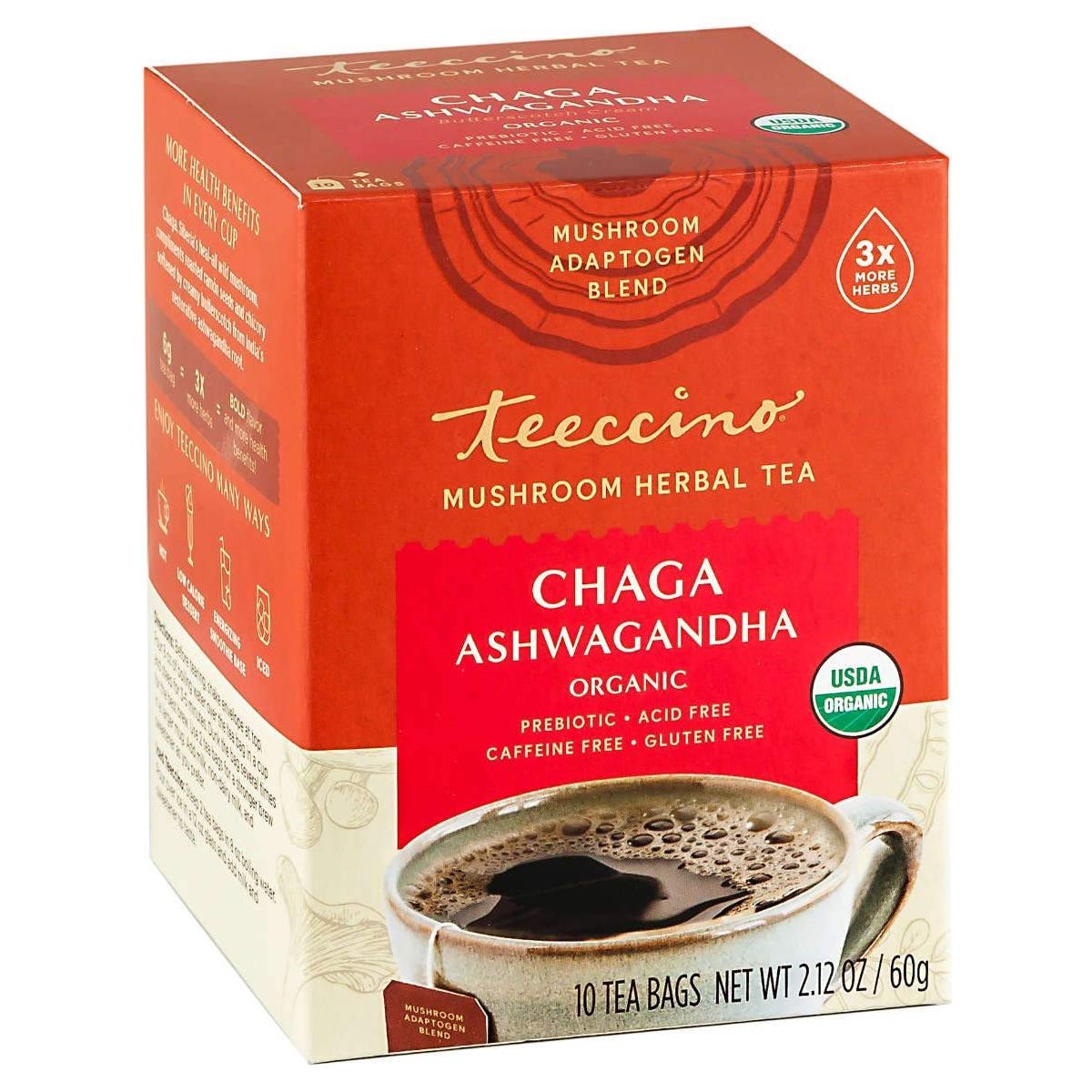 Teeccino Mushroom Herbal Tea Chaga Ashwagandha 10 Tea Bags