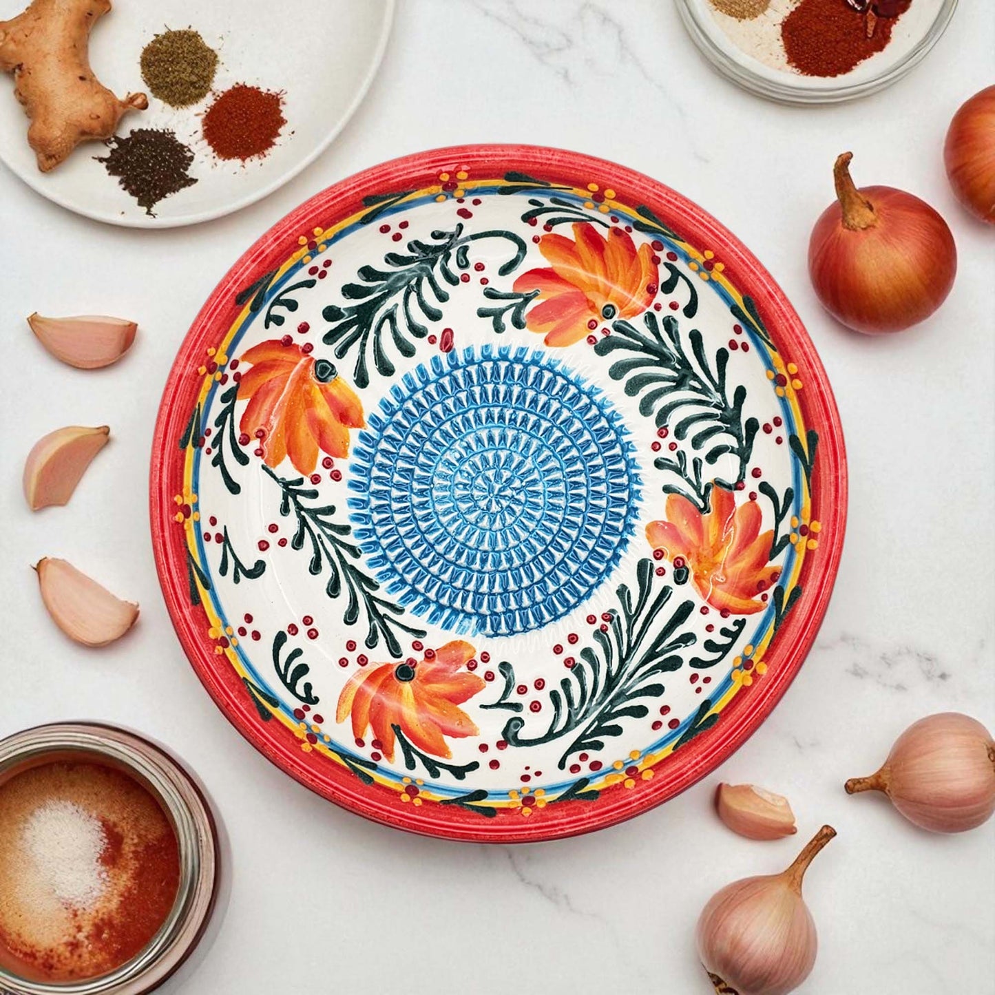 EVANLIFE Garlic Grater Bowl, Coral Garden Design Grater Plate, 7" Ceramic Garlic Grinder Bowl: With Brush