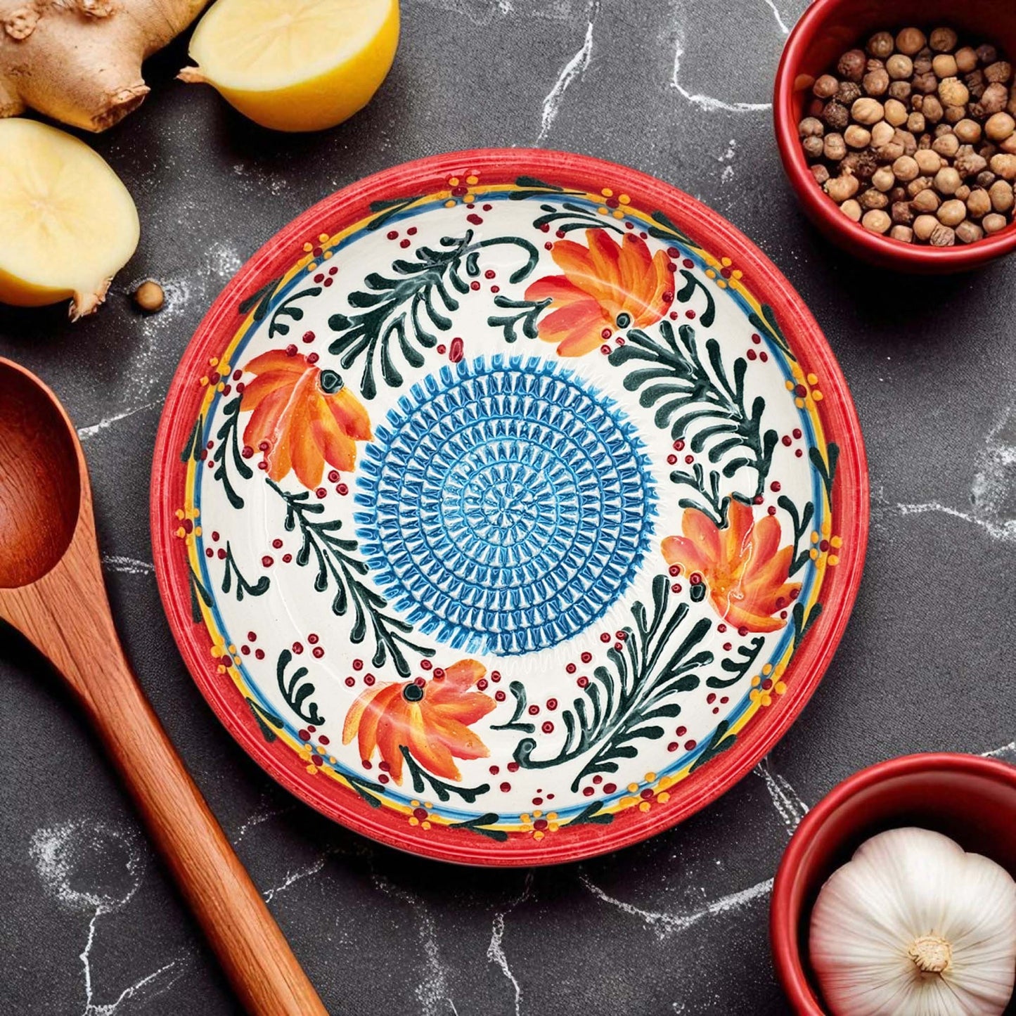 EVANLIFE Garlic Grater Bowl, Coral Garden Design Grater Plate, 7" Ceramic Garlic Grinder Bowl: With Brush