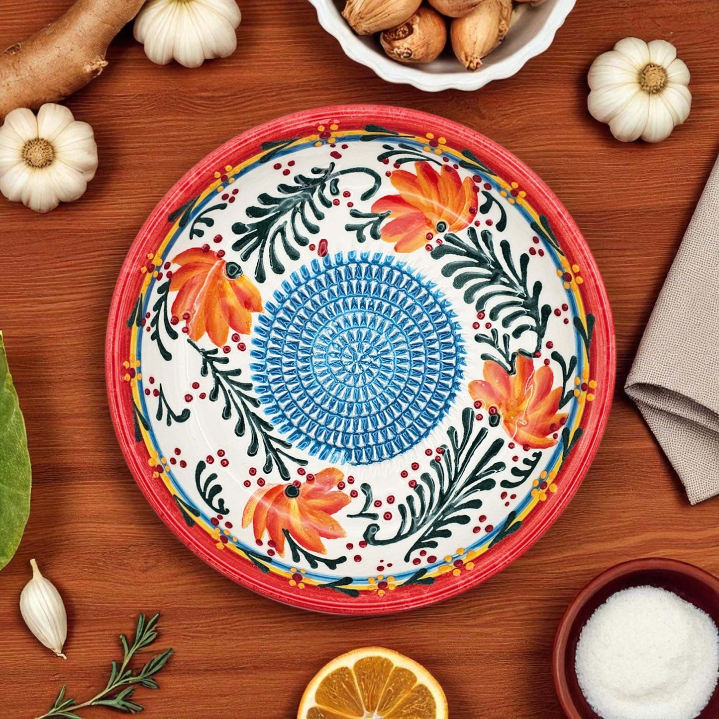 EVANLIFE Garlic Grater Bowl, Coral Garden Design Grater Plate, 7" Ceramic Garlic Grinder Bowl: With Brush