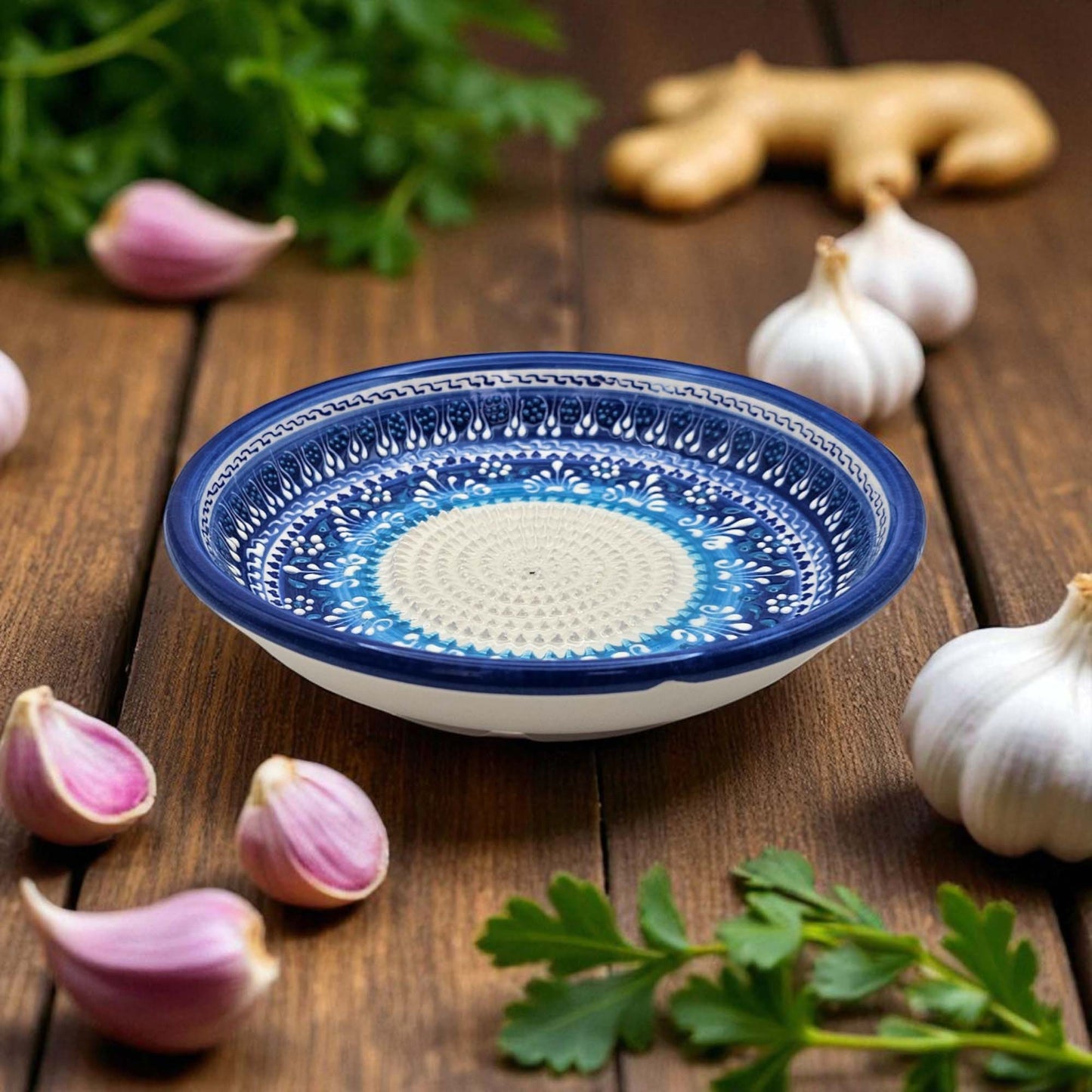EVANLIFE Garlic Grater Bowl, Festive Mandala Design Grater Plate, 7" Ceramic Garlic Grinder Bowl: With Brush