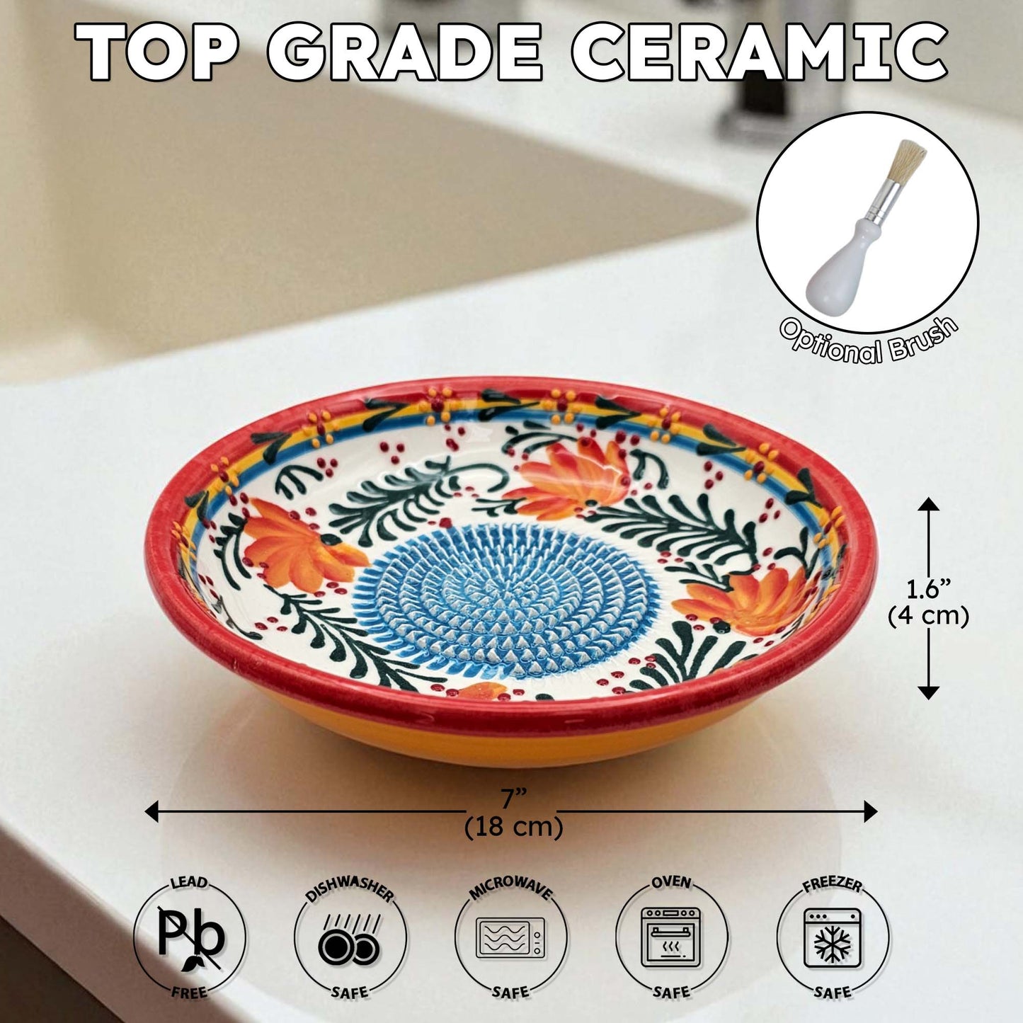 EVANLIFE Garlic Grater Bowl, Coral Garden Design Grater Plate, 7" Ceramic Garlic Grinder Bowl: With Brush