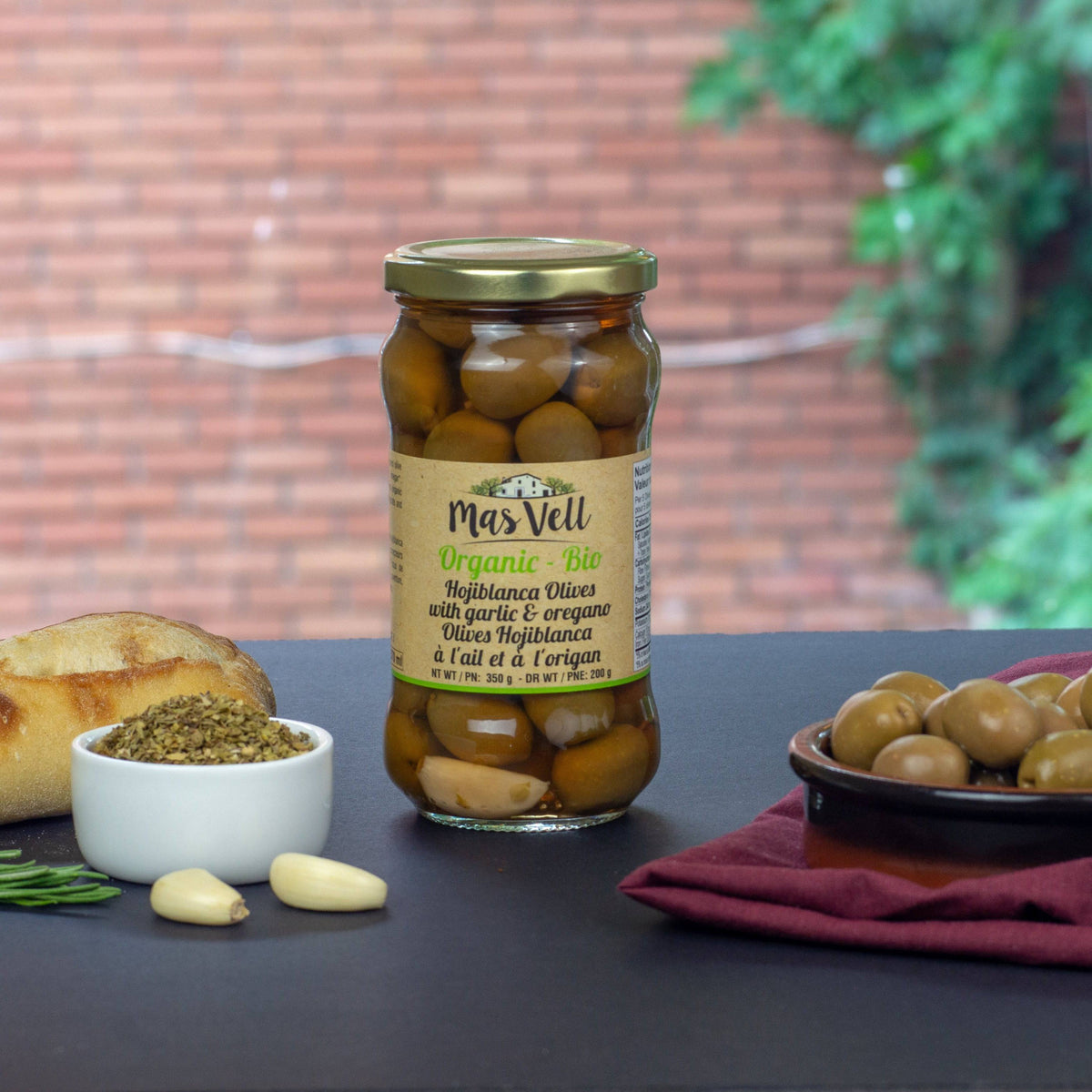 Mas Vell Organic Hojiblanca Olives with Garlic & Oregano 370mL