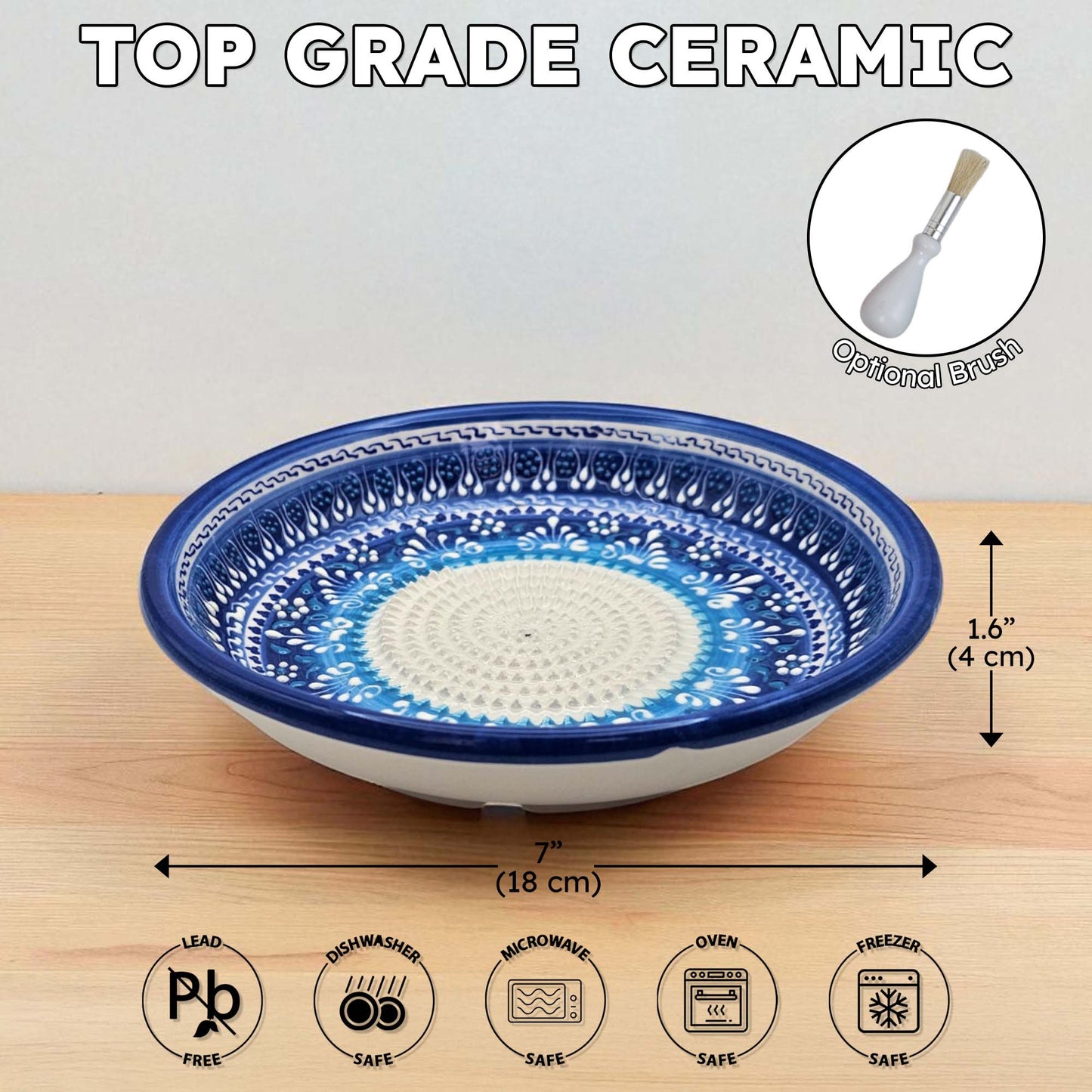EVANLIFE Garlic Grater Bowl, Festive Mandala Design Grater Plate, 7" Ceramic Garlic Grinder Bowl: With Brush