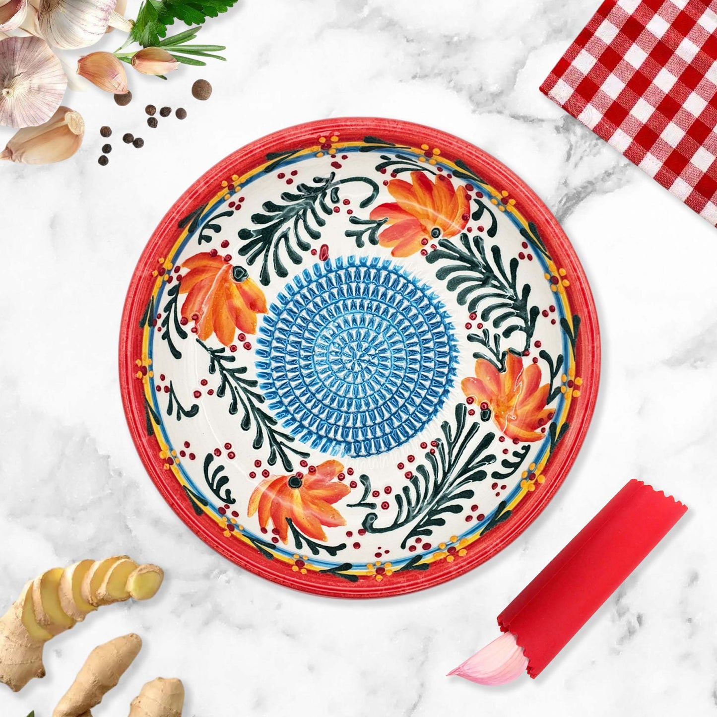 EVANLIFE Garlic Grater Bowl, Coral Garden Design Grater Plate, 7" Ceramic Garlic Grinder Bowl: With Brush