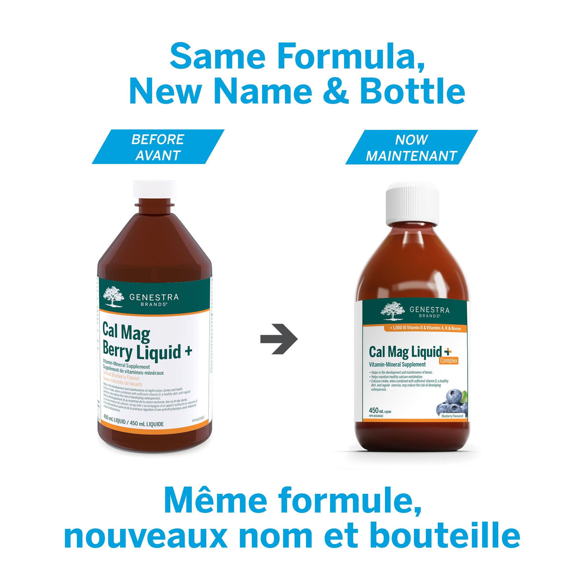Genestra Cal Mag Berry Liquid+ is now Cal Mag Liquid+ Complex – same formula, new name and bottle